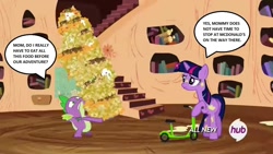 Size: 1280x720 | Tagged: safe, edit, edited screencap, screencap, character:spike, character:twilight sparkle, character:twilight sparkle (alicorn), species:alicorn, species:pony, episode:twilight time, g4, my little pony: friendship is magic, chips, dialogue, food, golden oaks library, hub logo, nachos, scooter, this will end in weight gain