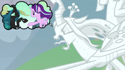 Size: 998x562 | Tagged: safe, edit, edited screencap, screencap, character:cozy glow, character:lord tirek, character:queen chrysalis, character:starlight glimmer, species:changeling, species:pony, species:unicorn, episode:the ending of the end, episode:to where and back again, g4, my little pony: friendship is magic, angry, anxiety, bad end, changeling queen, choice, cropped, crying inside, fail, fangs, female, harsher in hindsight, hopeless, legion of doom statue, regret, sad, sorry, statue, stone, thinking, thought bubble, tongue out, tragic, what if