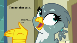 Size: 1280x720 | Tagged: safe, edit, edited screencap, screencap, character:gabby, species:griffon, episode:dragon dropped, g4, my little pony: friendship is magic, blatant lies, chronicles of prydain, cute, female, gabbybetes, solo, speech