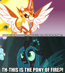 Size: 1280x1440 | Tagged: safe, edit, edited screencap, screencap, character:daybreaker, character:princess celestia, character:queen chrysalis, species:alicorn, species:changeling, species:pony, episode:a royal problem, episode:frenemies, g4, my little pony: friendship is magic, broly, caption, changeling queen, dragon ball z, female, frieza, image macro, mane of fire, mare, meme, text