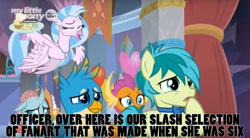 Size: 1642x907 | Tagged: safe, edit, edited screencap, screencap, character:gallus, character:ocellus, character:sandbar, character:silverstream, character:smolder, species:changedling, episode:she's all yak, g4, my little pony: friendship is magic, caption, cute, diastreamies, faec, great moments in animation, inside joke, you look so weird
