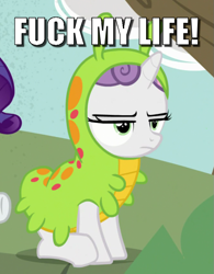 Size: 665x853 | Tagged: safe, edit, edited screencap, screencap, character:sweetie belle, episode:forever filly, g4, my little pony: friendship is magic, animal costume, caption, clothing, costume, cropped, fml, image macro, meme, solo focus, sweetiepillar, text, unamused, vulgar