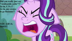 Size: 1280x720 | Tagged: safe, edit, edited screencap, screencap, character:starlight glimmer, episode:the parent map, g4, censored vulgarity, chemistry, chemistry joke, faec, female, floppy ears, grawlixes, solo, speech, this will end in explosions, you fool