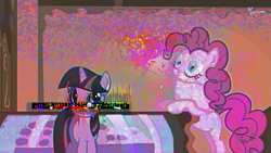 Size: 659x371 | Tagged: safe, edit, edited screencap, screencap, character:pinkie pie, character:twilight sparkle, episode:swarm of the century, g4, my little pony: friendship is magic, creepy, error, glitch art