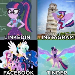 Size: 960x960 | Tagged: safe, edit, edited screencap, official, screencap, character:masked matter-horn, character:princess cadance, character:princess celestia, character:princess luna, character:twilight sparkle, character:twilight sparkle (alicorn), character:twilight sparkle (scitwi), species:alicorn, species:eqg human, species:pony, episode:power ponies, friendship is magic: rainbow roadtrip, g4, my little pony: equestria girls, my little pony: friendship is magic, my little pony:equestria girls, chalkboard, dolly parton challenge, facebook, geode of telekinesis, instagram, italy, leaning tower of pisa, linkedin, magical geodes, meme, pisa, tinder, wing bling