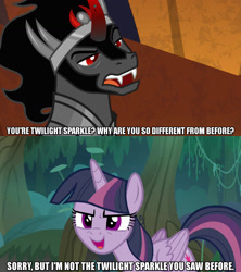 Size: 1280x1440 | Tagged: safe, edit, edited screencap, screencap, character:king sombra, character:mean twilight sparkle, species:alicorn, species:pony, episode:the beginning of the end, episode:the mean 6, g4, my little pony: friendship is magic, caption, clone, female, image macro, male, meme, text