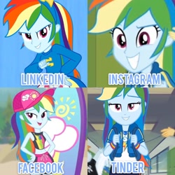 Size: 828x828 | Tagged: safe, edit, edited screencap, screencap, character:rainbow dash, episode:blue crushed (a.k.a baewatch), episode:do it for the ponygram!, episode:run to break free, equestria girls:equestria girls, g4, my little pony: equestria girls, my little pony:equestria girls, spoiler:eqg series (season 2), challenge, dolly parton challenge, facebook, female, instagram, linkedin, meme, solo, tinder
