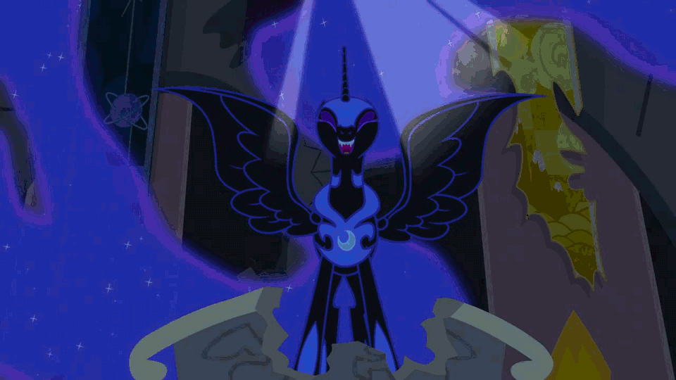 Size: 960x540 | Tagged: safe, edit, screencap, character:nightmare moon, character:princess luna, species:alicorn, species:pony, episode:princess twilight sparkle, g4, my little pony: friendship is magic, season 4, animated, birth of nightmare moon, castle, castle of the royal pony sisters, eat the camera, eclipse, female, flashback, laughing, mawshot, open mouth, sneer, solar eclipse, solo, uvula