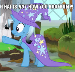 Size: 600x573 | Tagged: safe, edit, edited screencap, screencap, character:trixie, species:pony, species:unicorn, episode:a horse shoe-in, g4, my little pony: friendship is magic, cape, caption, clothing, cropped, female, hat, hoofbump, image macro, looking offscreen, meme, pointing, purple eyes, solo, text, trixie yells at everything, wizard hat