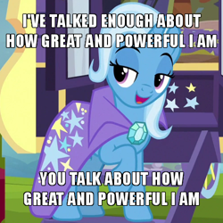Size: 500x500 | Tagged: safe, edit, edited screencap, screencap, character:trixie, species:pony, species:unicorn, episode:on the road to friendship, blue eyeshadow, cape, caption, clothing, cropped, female, great and powerful, image macro, meme, purple eyes, solo, stairs, text, trixie yells at everything, trixie's wagon, wagon