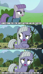 Size: 1280x2160 | Tagged: safe, edit, edited screencap, screencap, character:limestone pie, character:maud pie, species:earth pony, species:pony, episode:the maud couple, g4, my little pony: friendship is magic, caption, female, image macro, implied pinkie pie, meme, text