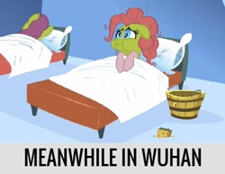 Size: 634x489 | Tagged: safe, edit, edited screencap, screencap, character:pinkie pie, episode:applebuck season, g4, my little pony: friendship is magic, bed, china, coronavirus, covid-19, too soon, virus, we are going to hell, wuhan