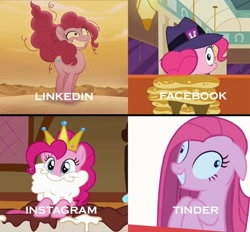 Size: 1170x1086 | Tagged: safe, edit, edited screencap, screencap, character:pinkamena diane pie, character:pinkie pie, species:earth pony, species:pony, episode:party of one, episode:swarm of the century, episode:the saddle row review, g4, my little pony: friendship is magic, my little pony: the movie (2017), dolly parton challenge, facebook, instagram, linkedin, meme, tinder