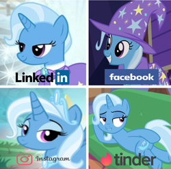 Size: 1000x986 | Tagged: safe, edit, edited screencap, screencap, character:trixie, species:pony, species:unicorn, bags under eyes, bust, clothing, collage, draw me like one of your french girls, facebook, female, grin, hat, instagram, linkedin, mare, smiling, tinder
