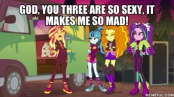 Size: 600x337 | Tagged: safe, edit, edited screencap, screencap, character:adagio dazzle, character:aria blaze, character:sonata dusk, character:sunset shimmer, equestria girls:sunset's backstage pass, g4, my little pony: equestria girls, my little pony:equestria girls, spoiler:eqg series (season 2), caption, female, image macro, meme, text, the dazzlings, trio, trio female