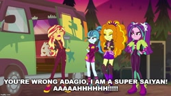 Size: 888x499 | Tagged: safe, edit, edited screencap, screencap, character:adagio dazzle, character:aria blaze, character:sonata dusk, character:sunset shimmer, equestria girls:sunset's backstage pass, g4, my little pony: equestria girls, my little pony:equestria girls, spoiler:eqg series (season 2), disguise, disguised siren, dragon ball z, female, meme