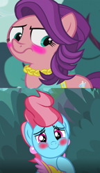 Size: 672x1166 | Tagged: safe, edit, edited screencap, screencap, character:cup cake, character:spoiled rich, species:earth pony, species:pony, episode:crusaders of the lost mark, episode:the big mac question, g4, my little pony: friendship is magic, blushing, female, infidelity, lesbian, mare, shipping, shipping domino, spoiledcake