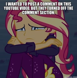 Size: 600x609 | Tagged: safe, edit, edited screencap, screencap, character:sunset shimmer, equestria girls:sunset's backstage pass, g4, my little pony: equestria girls, my little pony:equestria girls, spoiler:eqg series (season 2), caption, coppa, cropped, crying, female, image macro, in-universe pegasister, meme, sad, solo, text, youtube drama, youtube kids shit