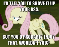 Size: 681x537 | Tagged: safe, edit, edited screencap, screencap, character:fluttershy, character:mean fluttershy, episode:the mean 6, g4, my little pony: friendship is magic, caption, clone, cropped, flutterbitch, image macro, meme, solo, text, vulgar