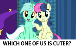 Size: 1280x800 | Tagged: safe, edit, edited screencap, screencap, character:bon bon, character:lyra heartstrings, character:sweetie drops, species:earth pony, species:pony, species:unicorn, episode:grannies gone wild, g4, my little pony: friendship is magic, adorabon, best friends, booth, bronybait, cute, duo, duo female, female, grin, head tilt, looking at you, lyrabetes, mare, open mouth, question, raised hoof, sitting, smiling, squee
