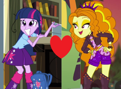 Size: 1353x1000 | Tagged: safe, edit, edited screencap, screencap, character:adagio dazzle, character:twilight sparkle, ship:adagilight, equestria girls:sunset's backstage pass, g4, my little pony: equestria girls, my little pony:equestria girls, spoiler:eqg series (season 2), backpack, female, lesbian, shipping, shipping domino