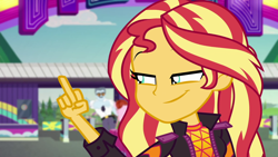Size: 1280x720 | Tagged: safe, edit, edited screencap, screencap, character:sunset shimmer, equestria girls:sunset's backstage pass, g4, my little pony: equestria girls, my little pony:equestria girls, spoiler:eqg series (season 2), female, flipping off, fuck you, max steele, middle finger, raspberry lilac, smiling, smirk, vulgar