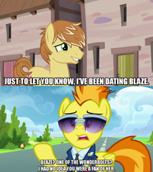 Size: 1280x1440 | Tagged: safe, edit, edited screencap, screencap, character:feather bangs, character:spitfire, species:earth pony, species:pegasus, species:pony, episode:hard to say anything, episode:top bolt, g4, my little pony: friendship is magic, caption, dialogue, female, image macro, male, meme, raised hoof, text
