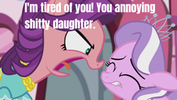 Size: 1280x720 | Tagged: safe, edit, edited screencap, screencap, character:diamond tiara, character:spoiled rich, episode:crusaders of the lost mark, g4, my little pony: friendship is magic, abuse, caption, child abuse, female, image macro, meme, mother and child, mother and daughter, op is a duck, text, tiarabuse, vulgar, yelling