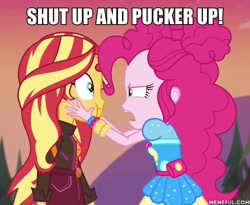 Size: 600x492 | Tagged: safe, edit, edited screencap, screencap, character:pinkie pie, character:sunset shimmer, ship:sunsetpie, equestria girls:sunset's backstage pass, g4, my little pony: equestria girls, my little pony:equestria girls, spoiler:eqg series (season 2), caption, cropped, face grab, female, image macro, lesbian, meme, music festival outfit, shipping, text