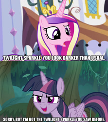 Size: 1280x1440 | Tagged: safe, edit, edited screencap, screencap, character:mean twilight sparkle, character:princess cadance, species:alicorn, species:pony, episode:princess spike, episode:the mean 6, g4, my little pony: friendship is magic, caption, clone, dialogue, female, image macro, mare, meme, text