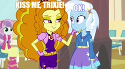 Size: 1280x714 | Tagged: safe, edit, edited screencap, screencap, character:adagio dazzle, character:sweetie belle, character:trixie, ship:triagio, equestria girls:rainbow rocks, g4, my little pony: equestria girls, my little pony:equestria girls, caption, female, image macro, lesbian, meme, shipping, text
