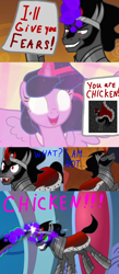 Size: 1000x2300 | Tagged: safe, edit, edited screencap, screencap, character:king sombra, character:twilight sparkle, character:twilight sparkle (alicorn), species:alicorn, species:bird, species:chicken, species:pony, species:umbrum, episode:the beginning of the end, g4, my little pony: friendship is magic, dark magic, glowing eyes, magic, paper