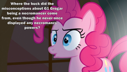 Size: 2000x1125 | Tagged: safe, edit, edited screencap, screencap, character:grogar, character:pinkie pie, episode:party of one, g1, g4, my little pony: friendship is magic, caption, confused, dafuq, image macro, implied grogar, meme, misconception, necromancer, necromancy, text
