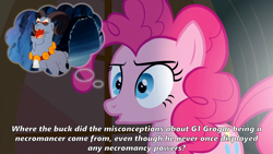 Size: 2000x1125 | Tagged: safe, edit, edited screencap, screencap, character:grogar, character:pinkie pie, species:earth pony, species:pony, species:ram, species:sheep, episode:party of one, g1, g4, my little pony 'n friends, my little pony: friendship is magic, beard, bell, caption, collar, confused, dafuq, eyebrows, facial hair, female, image macro, male, mare, meme, misconception, necromancer, necromancy, red eyes, text, thought bubble