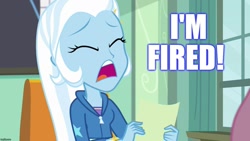 Size: 1280x720 | Tagged: safe, edit, edited screencap, screencap, character:trixie, episode:a little birdie told me, g4, my little pony: equestria girls, my little pony:equestria girls, back to the future part 2, caption, image macro, meme, text, trixie yells at everything