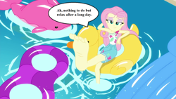 Size: 1280x720 | Tagged: safe, edit, edited screencap, screencap, character:fluttershy, episode:i'm on a yacht, g4, my little pony: equestria girls, my little pony:equestria girls, spoiler:eqg series (season 2), barefoot, clothing, dialogue, feet, female, floaty, flutterfeet, foot focus, pool toy, relaxed, shorts, smiling, soles, solo, speech bubble, swimming pool, text, toes, water, wiggle, wiggling toes