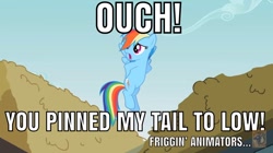 Size: 1280x719 | Tagged: safe, edit, edited screencap, screencap, character:rainbow dash, animation error, caption, cloud, episode needed, flying, image macro, meme, ouch, sky, text