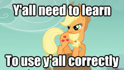Size: 500x281 | Tagged: safe, edit, edited screencap, screencap, character:applejack, species:earth pony, species:pony, episode:a dog and pony show, g4, my little pony: friendship is magic, applejack's hat, caption, clothing, cowboy hat, female, hat, image macro, mare, meme, solo, text, y'all