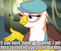 Size: 1273x1074 | Tagged: safe, edit, edited screencap, screencap, species:griffon, episode:the lost treasure of griffonstone, g4, my little pony: friendship is magic, caption, cash register, clothing, cropped, frown, gimme moore, hat, image macro, meme, moneybags, newsboy hat, sin of greed, solo, spyro a hero's tail, spyro the dragon, text, unamused