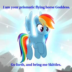 Size: 500x500 | Tagged: safe, edit, edited screencap, screencap, character:rainbow dash, species:pegasus, species:pony, friendship is magic: rainbow roadtrip, g4, my little pony: friendship is magic, bronybait, candy, caption, cropped, female, flying, food, skittles, solo
