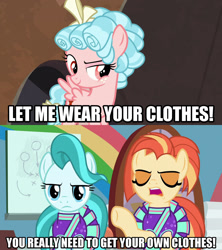 Size: 1280x1440 | Tagged: safe, edit, edited screencap, screencap, character:cozy glow, character:lighthoof, character:shimmy shake, species:earth pony, species:pegasus, species:pony, episode:2-4-6 greaaat, episode:frenemies, g4, my little pony: friendship is magic, caption, cheerleader outfit, clothing, female, filly, image macro, mare, meme, text