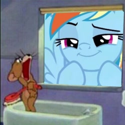 Size: 1920x1920 | Tagged: safe, edit, edited screencap, screencap, character:rainbow dash, species:pegasus, species:pony, spoilers for another series, brush, faec, meme, mouse, screaming, smiling, smirk, tom and jerry, window