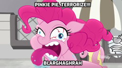 Size: 1024x576 | Tagged: safe, edit, edited screencap, screencap, character:fluttershy, character:pinkie pie, species:earth pony, species:pegasus, species:pony, friendship is magic: rainbow roadtrip, g4, my little pony: friendship is magic, beast wars, bloodshot eyes, caption, crazy face, discovery family logo, drool, evil eye, faec, female, hope hollow, horrifying, image macro, mare, meme, teeth, terrorize, text, tongue out, transformers