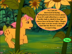 Size: 772x577 | Tagged: safe, edit, edited screencap, screencap, character:posey, episode:woe is me, g1, my little pony 'n friends, bow, dialogue, flower, implied megan, implied oc, speech bubble, sunflower, tail bow