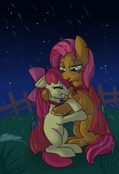 Size: 450x654 | Tagged: safe, artist:lulubell, character:apple bloom, character:babs seed, ship:appleseed, applecest, comfort, crying, female, hurt/comfort, incest, lesbian, rain, sad, shipping, woobie
