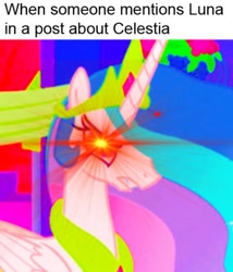 Size: 1060x1238 | Tagged: safe, edit, edited screencap, screencap, character:princess celestia, angry, cropped, episode needed, eyestrain warning, implied princess luna, lens flare, meme, needs more saturation, op has a point, op is a duck, saturated