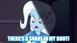Size: 1280x720 | Tagged: safe, edit, edited screencap, screencap, character:trixie, episode:rarity investigates: the case of the bedazzled boot, g4, my little pony: equestria girls, my little pony:equestria girls, caption, female, image macro, meme, reference, solo, text, toy story, trixie yells at everything