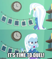 Size: 500x562 | Tagged: safe, edit, edited screencap, screencap, character:trixie, equestria girls:forgotten friendship, g4, my little pony: equestria girls, my little pony:equestria girls, caption, clock, comic, female, image macro, meme, screencap comic, solo, text, trixie yells at everything, yu-gi-oh!