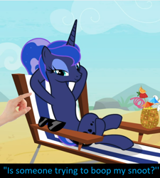 Size: 784x872 | Tagged: safe, edit, edited screencap, screencap, character:princess luna, species:human, episode:between dark and dawn, g4, my little pony: friendship is magic, attempted boop, boop, boop edit, bronybait, caption, cropped, cute, glasses, hand, meta, missing accessory, snoot, sunbathing, sunglasses, text