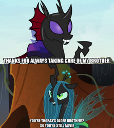 Size: 1280x1440 | Tagged: safe, edit, edited screencap, screencap, character:pharynx, character:queen chrysalis, species:changeling, episode:the beginning of the end, episode:to change a changeling, g4, my little pony: friendship is magic, caption, female, image macro, implied thorax, male, meme, text